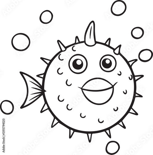 funny fish cartoon illustration, puffer fish vector illustration, puffer fish silhouette vector black and white
