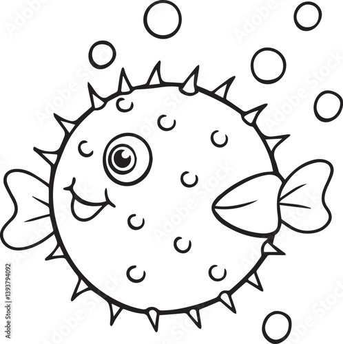 funny fish cartoon illustration, puffer fish vector illustration, puffer fish silhouette vector black and white