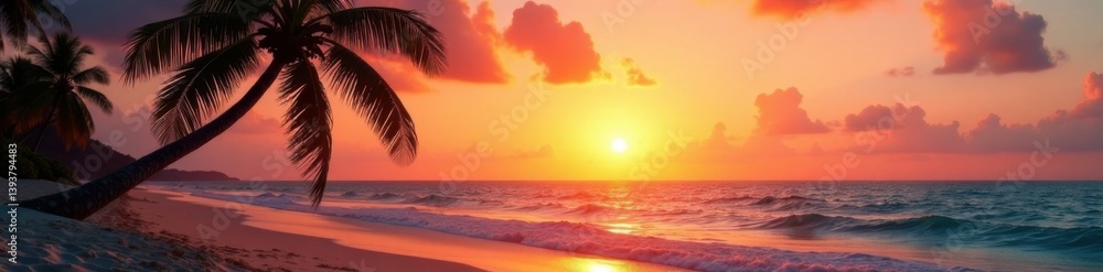 Fototapeta premium Palm tree silhouetted against sunset over sandy beach with gentle ocean waves, palm trees, natural