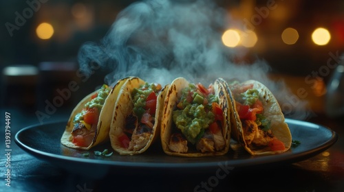 A plate of tacos with grilled chicken, fresh salsa, and guacamole, steam rising