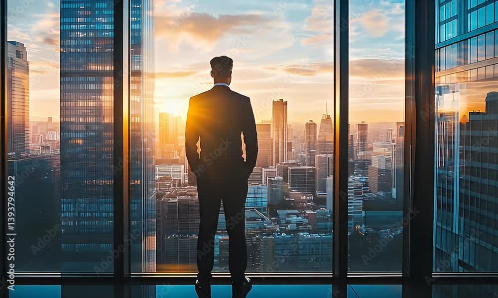 A silhouetted businessman contemplates a city view from a modern, sunlit high-rise window. A silhouetted businessman contemplates a city view from a modern, sunlit high-rise window.