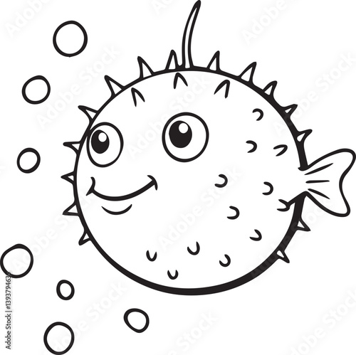 funny fish cartoon illustration, puffer fish vector illustration, puffer fish silhouette vector black and white