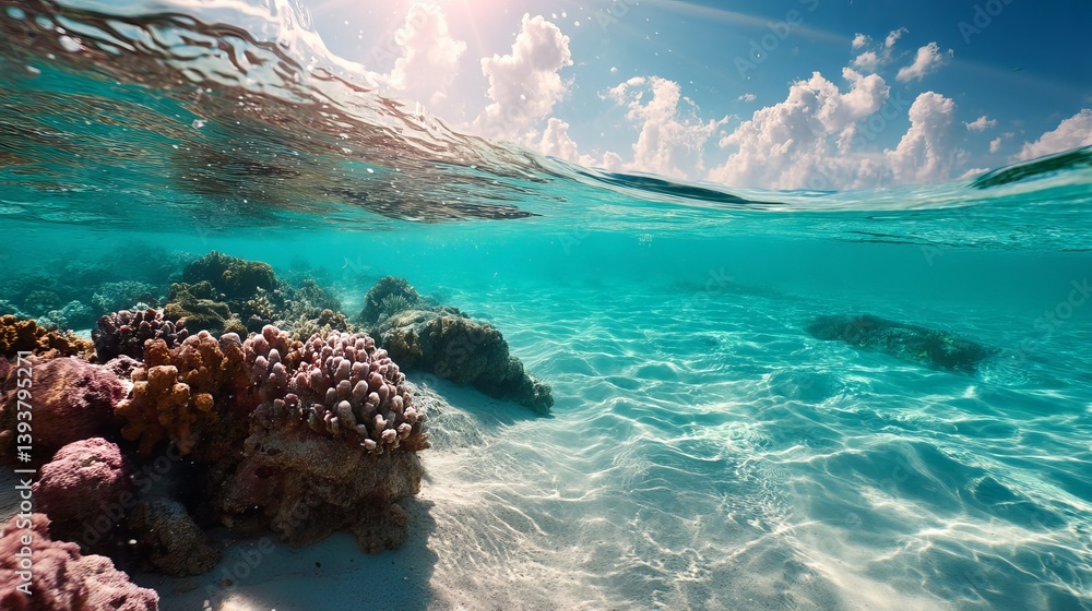 Obraz premium Stunning Underwater Coral Reef Scene Vibrant Turquoise Water Tropical Ocean Summer Sunny Day Beautiful Nature Paradise Beach Seascape Exotic Island 