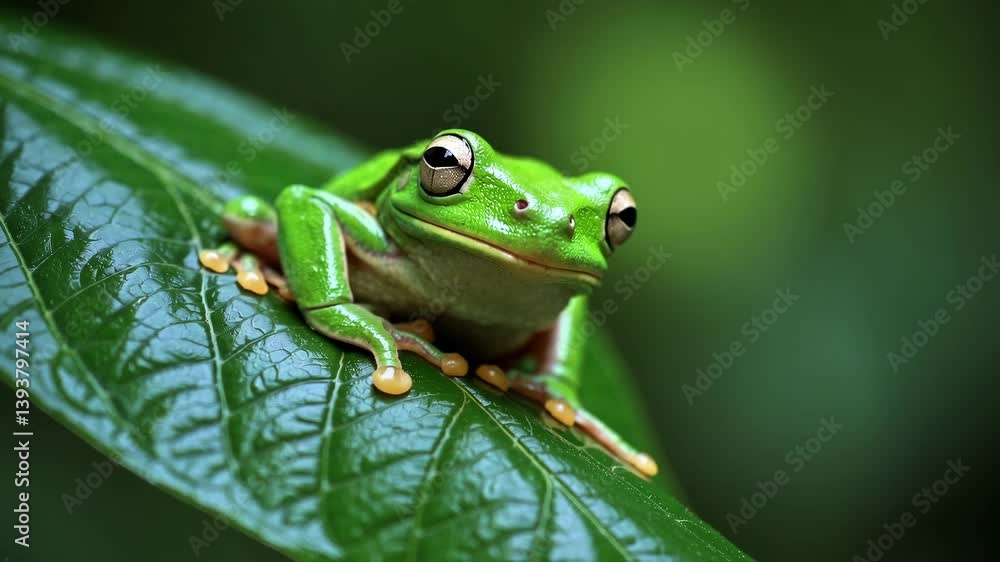 Vibrant green frog perched on leaf sways gently in lush tropical jungle scene Vibrant green frog perched on leaf sways gently in lush tropical jungle scene
