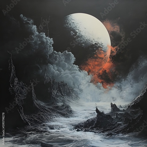 Stormy night sky above the dark ocean with clouds and moonlight