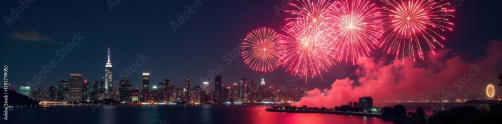 New Year countdown fireworks exploding in the air over a cityscape, countdown, festive New Year countdown fireworks exploding in the air over a cityscape, countdown, festive