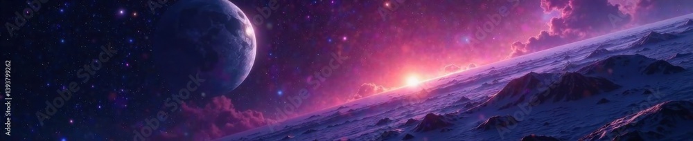 Naklejka premium Nebula backdrop with distant, unseen planet in shadowy depths, distant, galaxy