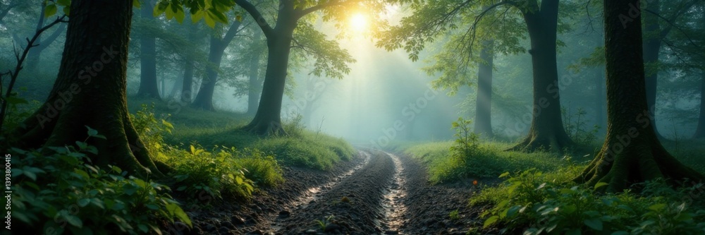 Obraz premium Muddy forest with overgrown trees and misty atmosphere, nature, foliage