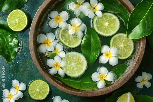 Wallpaper Mural Refreshing spa treatment with lime, plumeria flowers, and green leaves in a wooden bowl. Torontodigital.ca