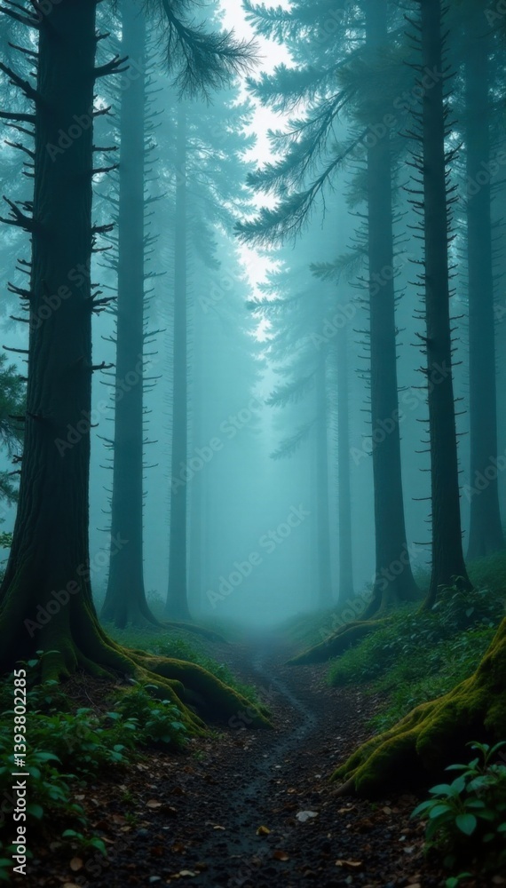 Naklejka premium Mist-shrouded fir trees in a mystical, overgrown forest with fallen branches, decay, naturalism, retro