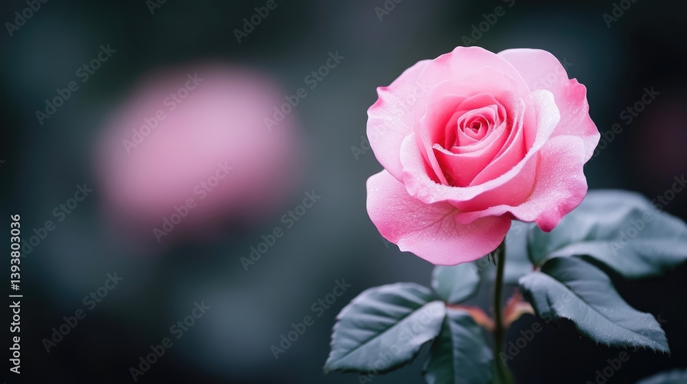 Pink Rose with Green Leaves Soft Focus Natural Lighting Close-up Single Bloom Gentle Delicate Bloom Dark Garden Background Soft Pink Romantic Ideal for Greeting Cards Pink Rose with Green Leaves Soft Focus Natural Lighting Close-up Single Bloom Gentle Delicate Bloom Dark Garden Background Soft Pink Romantic Ideal for Greeting Cards