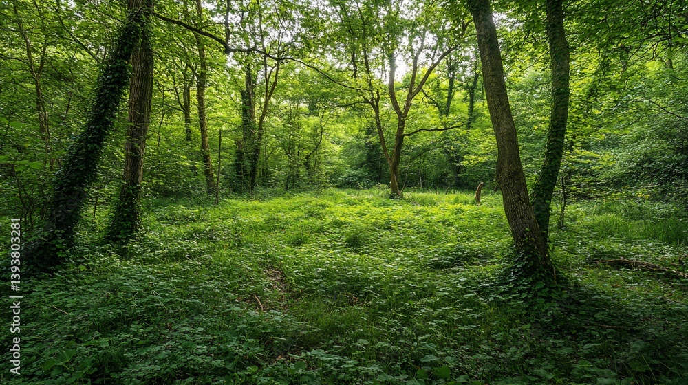 Fototapeta premium Lush green forest scene with dappled sunlight illuminating the undergrowth