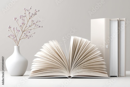 A minimalist concept of a single open book on a clean desk with neutral background
