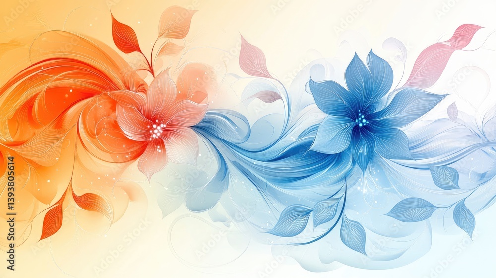 Beautiful abstract floral design featuring orange and blue flowers with leaves Beautiful abstract floral design featuring orange and blue flowers with leaves