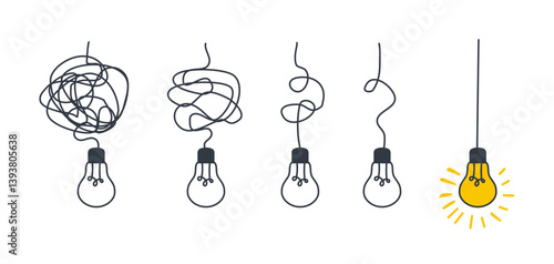 Solution concept of chaos in thoughts with hanging light bulbs with one glowing, complex process lightbulb, untangled of problem, confusion clarity, Simplifying the complex, straight and curve.