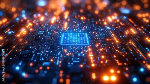 Wallpaper Mural Circuit Board close-up: Immersed in a sea of light, this photograph captures the intricate beauty of a circuit board, with its pathways, nodes. Torontodigital.ca