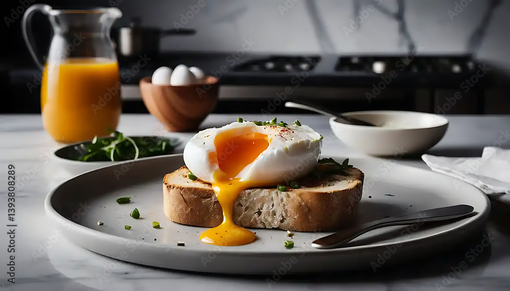 Delicious Poached Egg on Toast with Juice for a Perfect Breakfast Meal Delicious Poached Egg on Toast with Juice for a Perfect Breakfast Meal