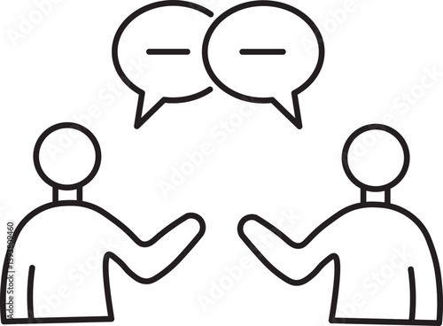 Two people are depicted in simple line drawing, engaged in conversation with speech bubbles above them. illustration emphasizes communication and interaction