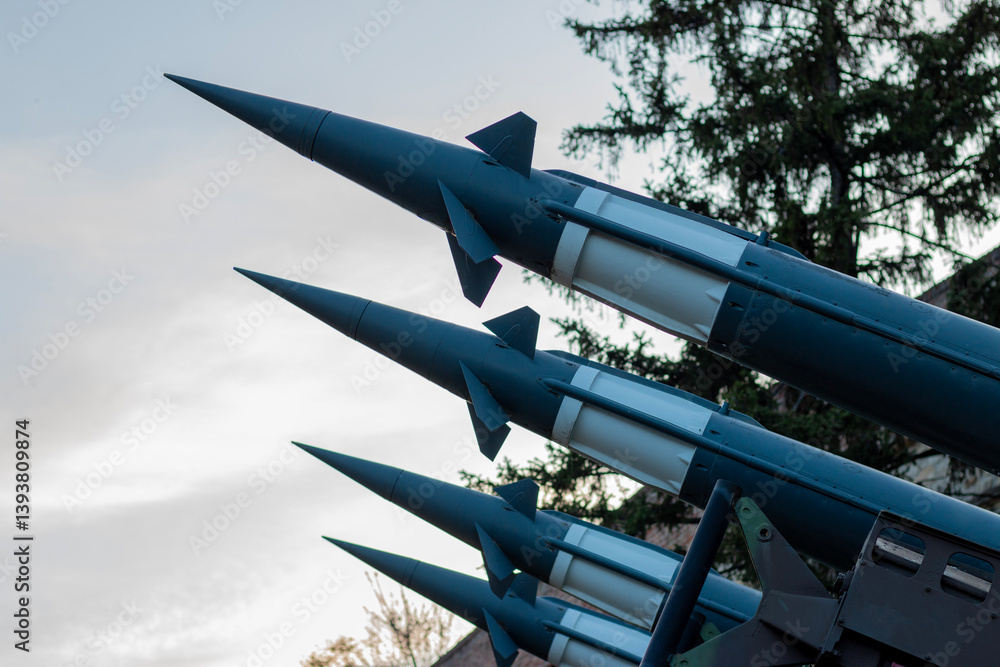 Fototapeta premium The missiles are aimed to the sky. Nuclear bomb, chemical weapons, missile defense, a system of salvo fire. Armed conflict. Military concept