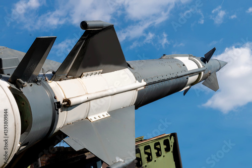 The missiles are aimed to the sky. Nuclear bomb, chemical weapons, missile defense, a system of salvo fire. Armed conflict. Military concept