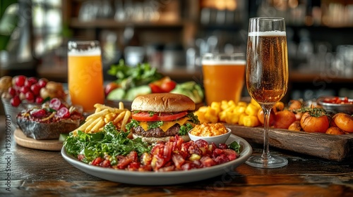 Wallpaper Mural A Culinary Symphony: A vibrant array of appetizing food and refreshing beverages is arranged on a rustic wooden table, a feast for the eyes and a delight for the palate, perfect for an evening out. Torontodigital.ca