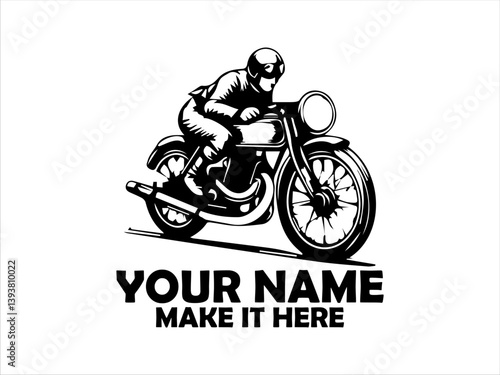 Dynamic monochrome illustration of a vintage motorcycle rider speeding forward with motion lines emphasizing velocity and classic design. logo vector design