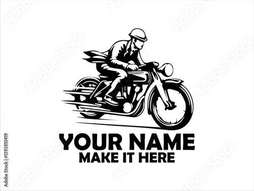 Dynamic monochrome illustration of a vintage motorcycle rider speeding forward with motion lines emphasizing velocity and classic design. logo vector design