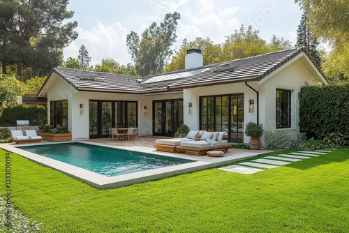 Modern white bungalow with grey shingle roof, large backyard with green grass, and pool on the left side at a California beach home.