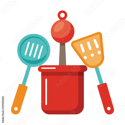 Isolated kitchenware set features a white plastic spatula, black handle ladle, metal spoon, and steel fork cooking tools