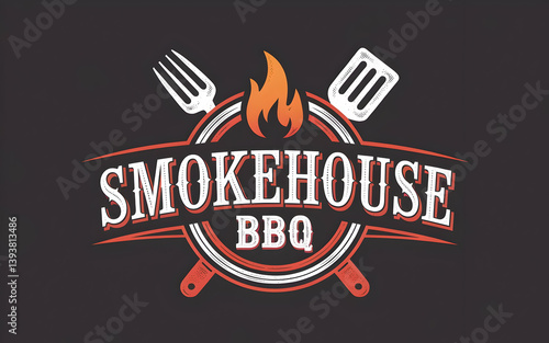 Smokehouse BBQ Logo with Flame Motif and Grilling Utensils
