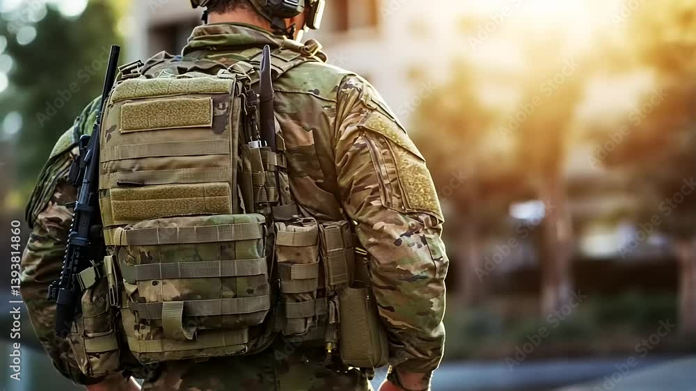 Soldier in camouflage gear stands alert in urban setting during sunset, showcasing tactical readiness Soldier in camouflage gear stands alert in urban setting during sunset, showcasing tactical readiness