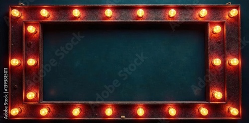 Vintage marquee sign frame, faded bulbs, dark background, sign, illuminated
