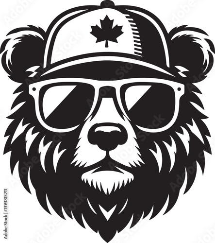 bear head sunglasses and cap, bear head sunglasses and cap vector illustration black and white