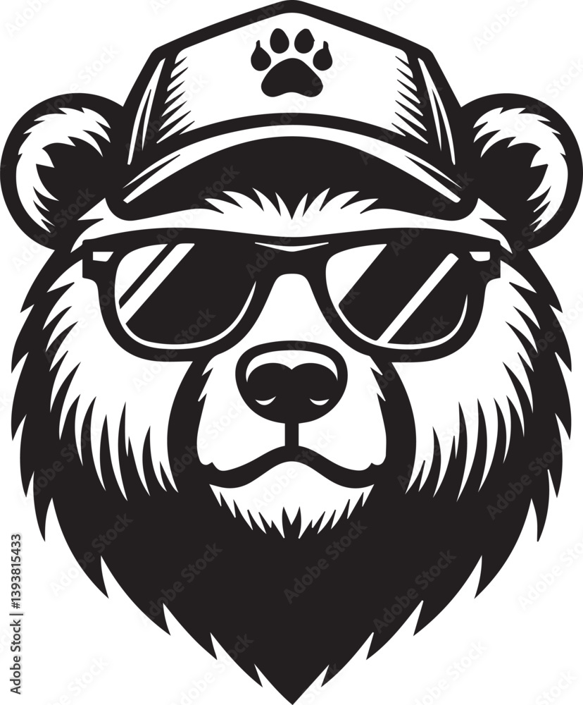 Obraz premium bear head sunglasses and cap, bear head sunglasses and cap vector illustration black and white