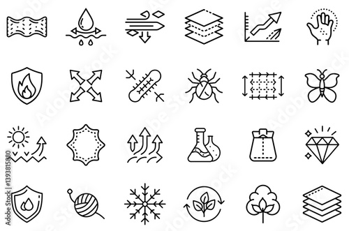 Fabric Textile Material Property Icon Set Including Waterproof Breathable Antibacterial UV-Resistant Fireproof Eco-Friendly Soft Durable Icons Design