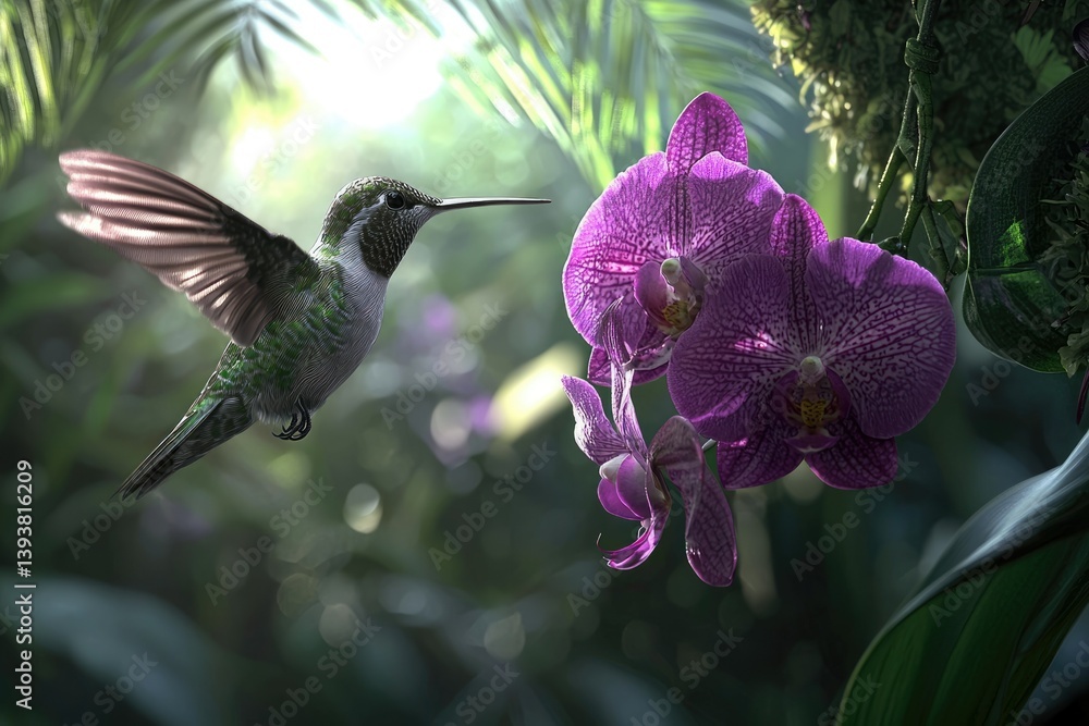 Naklejka premium A hummingbird hovers near vibrant purple orchids in a lush, sun-dappled tropical garden.