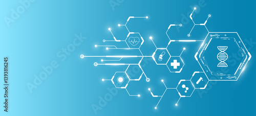 Medical tech background. Connected hexagons with light effect and health care icons on blue backdrop. Digital health insurance concept and access to welfare. Vector illustration. EPS 10