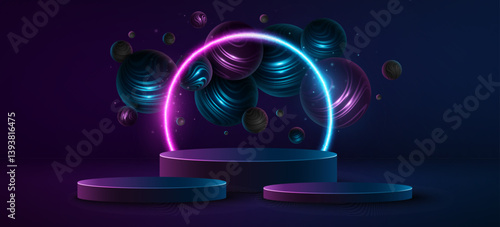 Glowing podium with levitating 3d spheres textured with striped pattern. Pedestal with blue and purple neon arc to display your brand product. Vector illustration. EPS 10