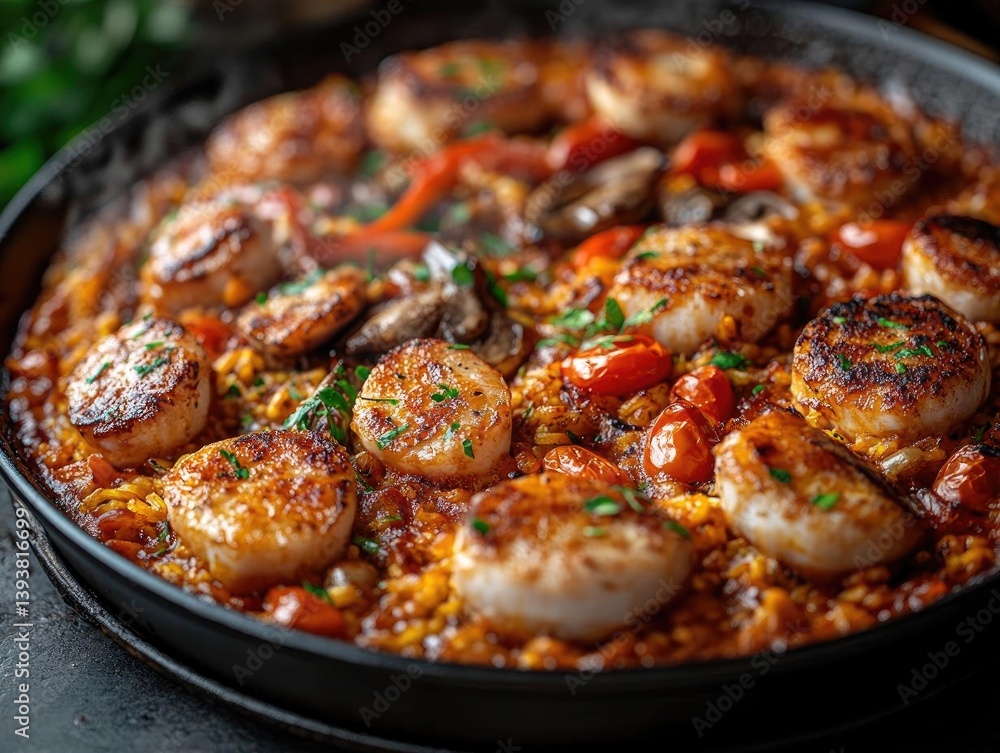 Seared Scallops & Rice Dish: Savory Recipe with Tomatoes, Mushrooms Seared Scallops & Rice Dish: Savory Recipe with Tomatoes, Mushrooms