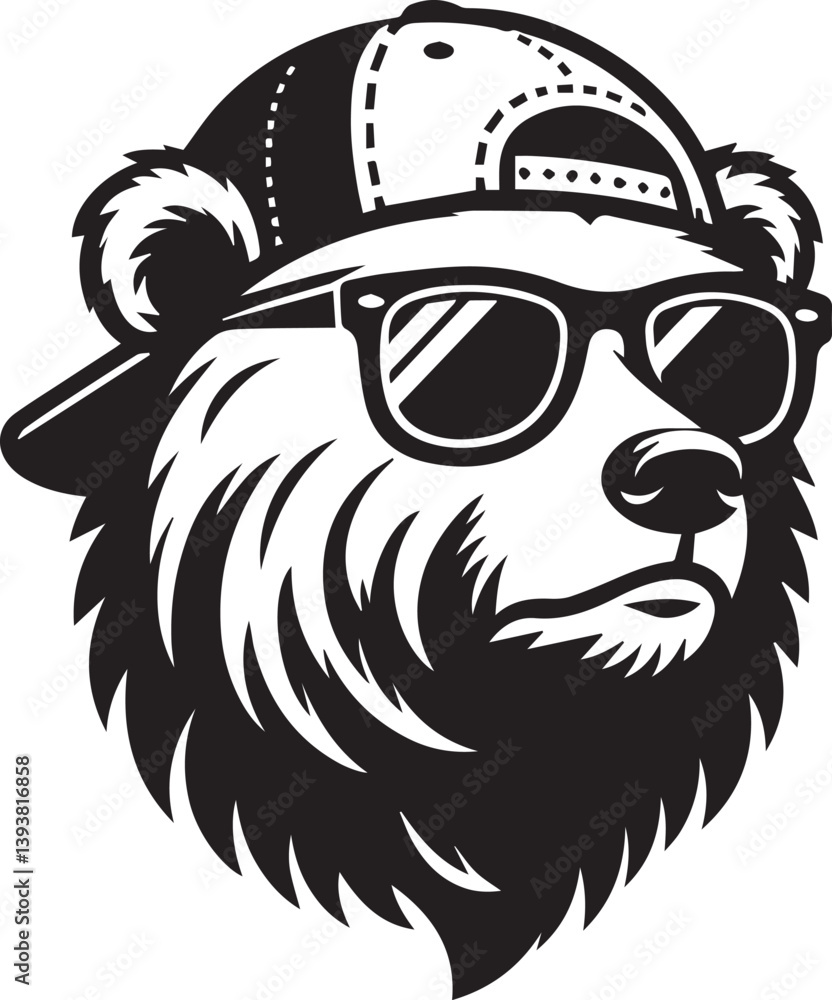Obraz premium bear head sunglasses and cap, bear head sunglasses and cap vector illustration black and white
