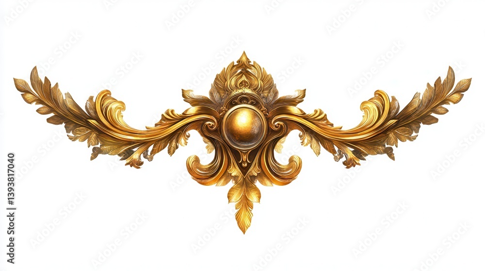Ornate golden decorative element with acanthus leaves and central sphere. Ornate golden decorative element with acanthus leaves and central sphere.