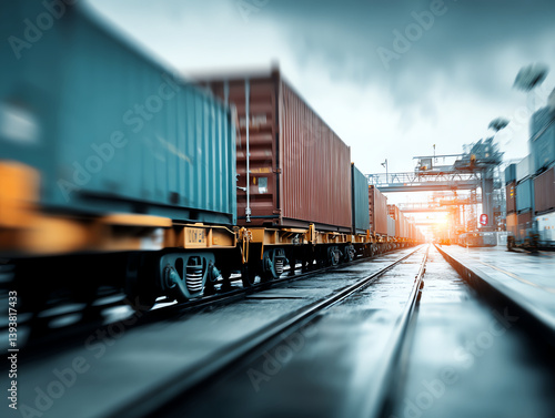 high speed freight train moves swiftly along wet tracks under cloudy sky, creating dynamic scene