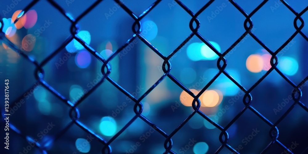 Naklejka premium Night Cityscape Through Chain Link Fence: A Nocturnal View