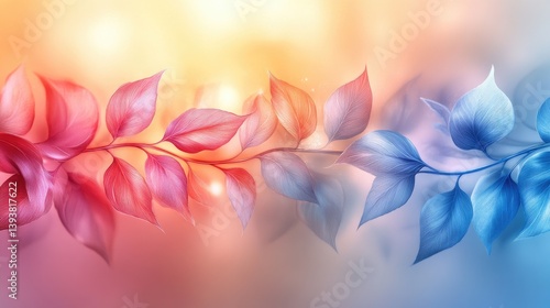 A vibrant gradient image of colorful leaves on a branch