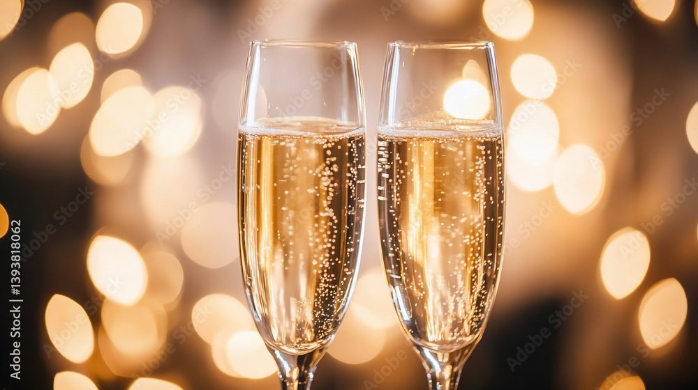 Celebratory champagne flutes shimmering against a bokeh illuminated background Celebratory champagne flutes shimmering against a bokeh illuminated background