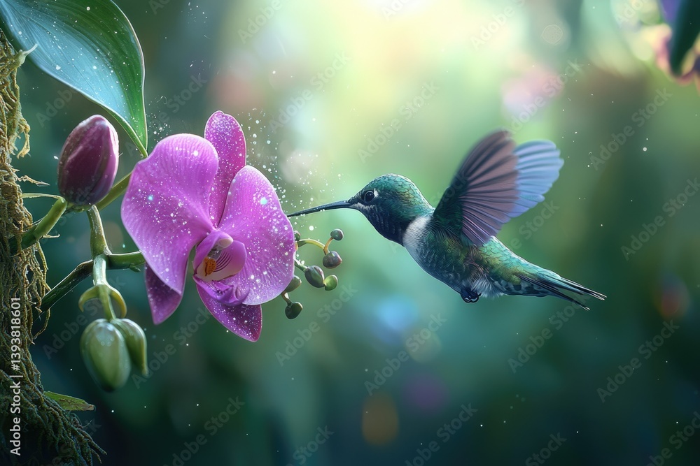 Fototapeta premium A hummingbird delicately sips nectar from a vibrant purple orchid in a lush, enchanted garden.