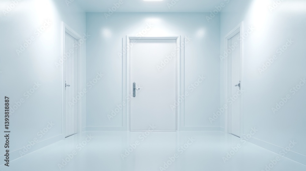 Empty, light-filled hallway with three doors Empty, light-filled hallway with three doors