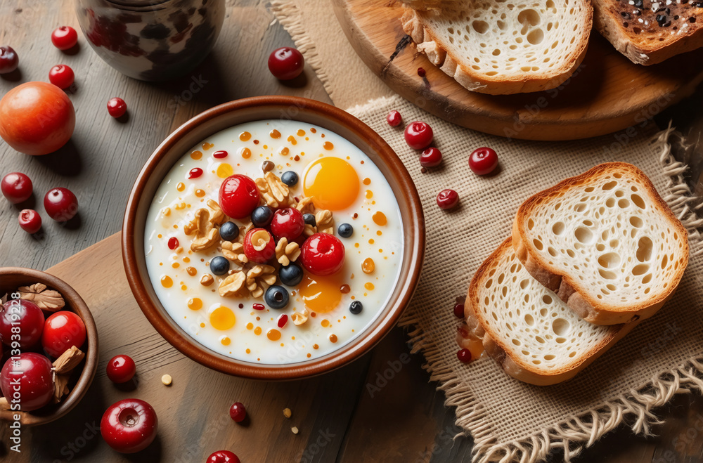 A rustic breakfast scene features a bowl of creamy porridge topped with vibrant berries and crunchy nuts, accompanied by slices of bread on a wooden table. A rustic breakfast scene features a bowl of creamy porridge topped with vibrant berries and crunchy nuts, accompanied by slices of bread on a wooden table.