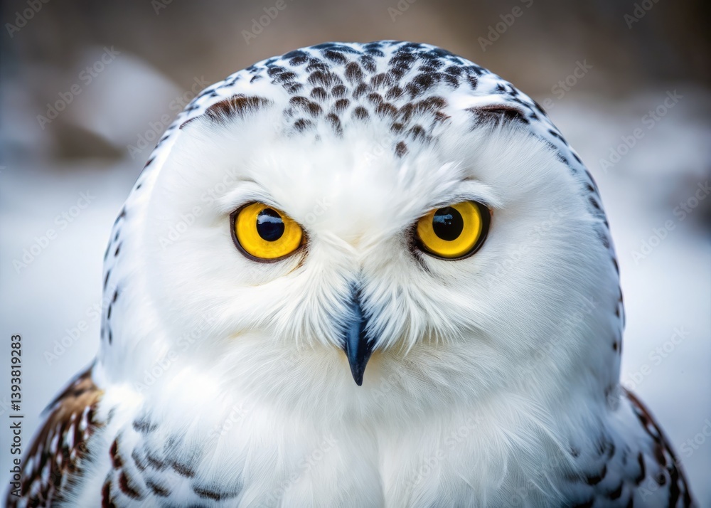 Obraz premium Close-up snowy owl, vibrant red eyes contrasting pure white feathers; breathtaking winter scene.