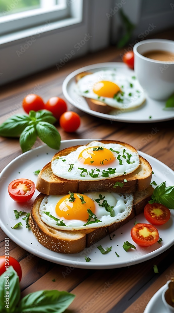 Delicious breakfast plate with sunny-side-up eggs on toast, garnished with fresh herbs, cherry tomatoes, and basil, served with coffee in a bright cozy kitchen setting
Delicious breakfast plate with sunny-side-up eggs on toast, garnished with fresh herbs, cherry tomatoes, and basil, served with coffee in a bright cozy kitchen setting